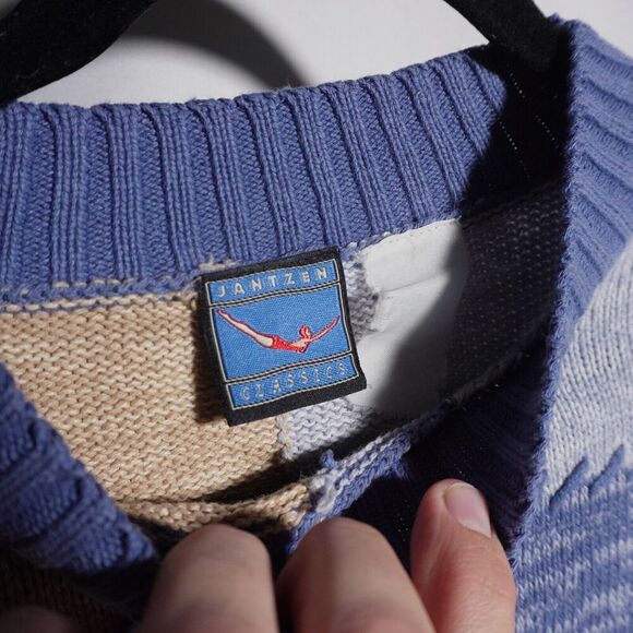 VTG 80s 90s Blue Tan Patchwork Knit Sweater Mens L Jantzen Quirky Grandpa Quirky - Picture 4 of 5